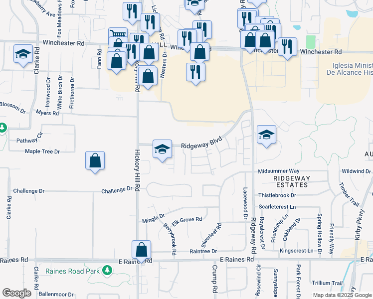 map of restaurants, bars, coffee shops, grocery stores, and more near 3888 Autumn Ridge Court in Memphis