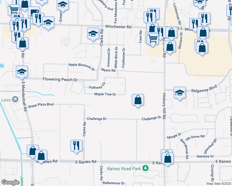 map of restaurants, bars, coffee shops, grocery stores, and more near 3870 Pinbranch Court in Memphis
