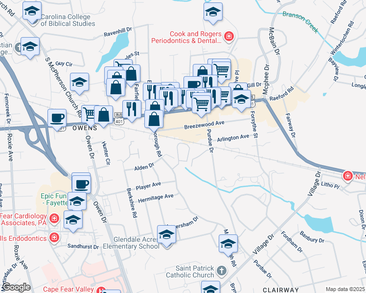 map of restaurants, bars, coffee shops, grocery stores, and more near 2709 Preston Woods Lane in Fayetteville