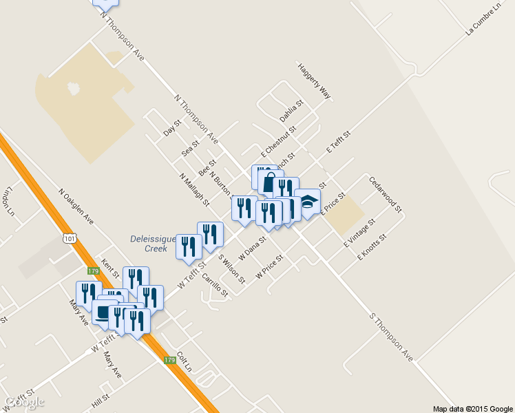 map of restaurants, bars, coffee shops, grocery stores, and more near 128 W Tefft St in Nipomo