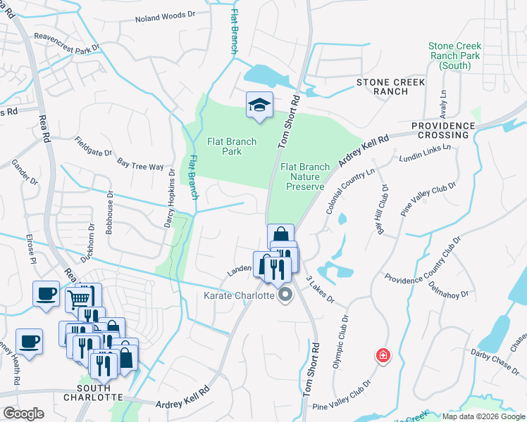 map of restaurants, bars, coffee shops, grocery stores, and more near 6604 Haddonfield Place in Charlotte