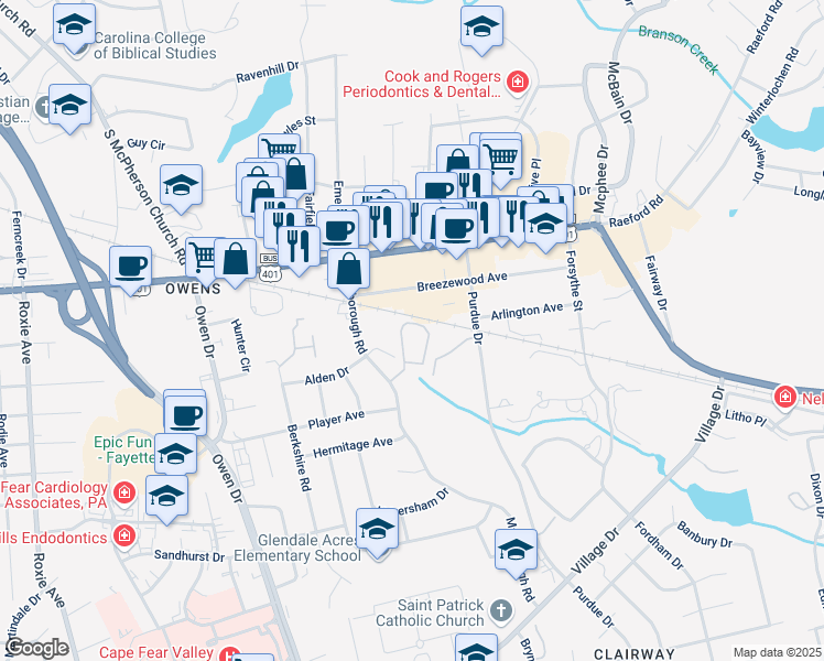 map of restaurants, bars, coffee shops, grocery stores, and more near 2709 Preston Woods Lane in Fayetteville