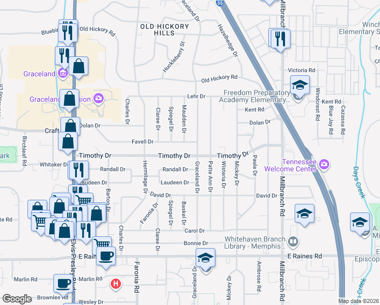 map of restaurants, bars, coffee shops, grocery stores, and more near 1458 Timothy Drive in Memphis
