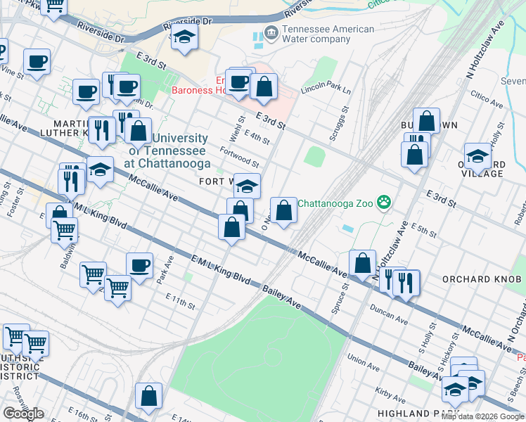 map of restaurants, bars, coffee shops, grocery stores, and more near 1003 Oak Street in Chattanooga