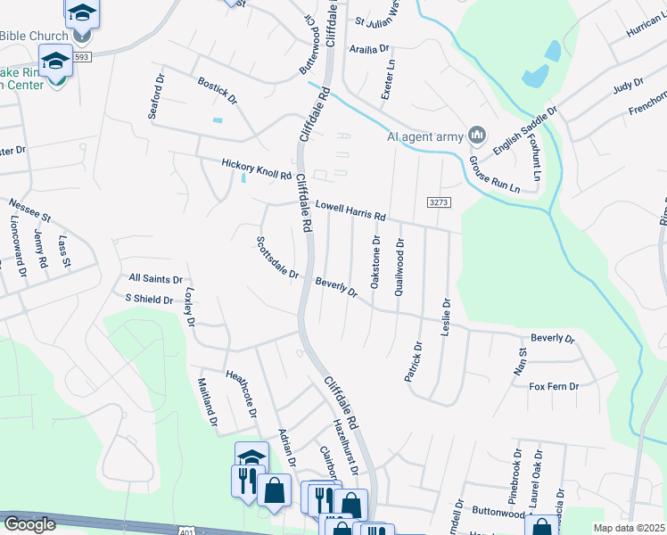 map of restaurants, bars, coffee shops, grocery stores, and more near 1090 Quailmeadow Drive in Fayetteville