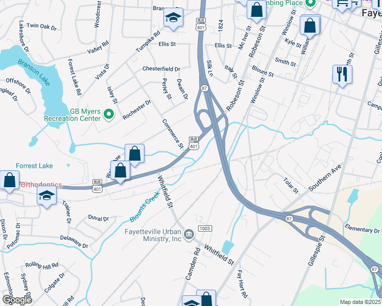 map of restaurants, bars, coffee shops, grocery stores, and more near 709 Robeson Street in Fayetteville
