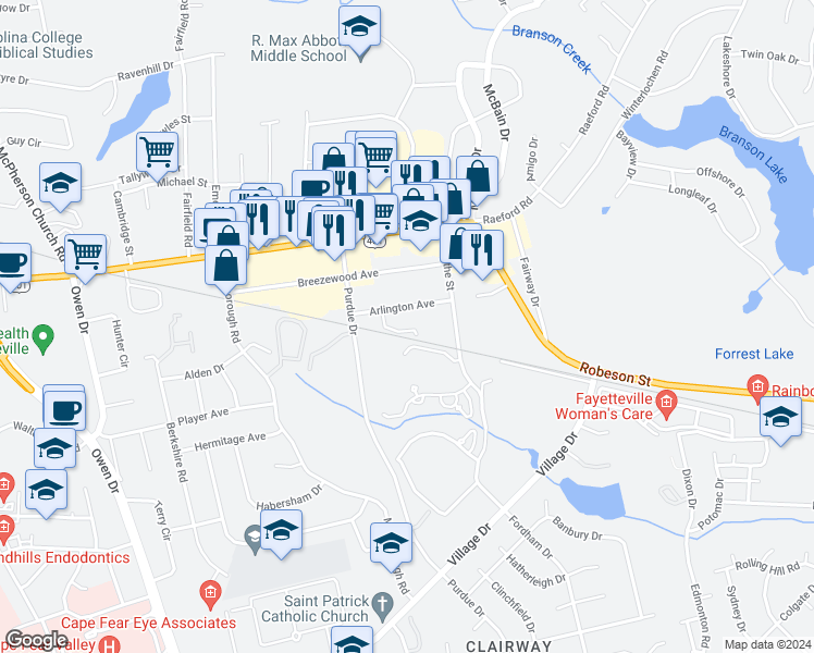 map of restaurants, bars, coffee shops, grocery stores, and more near 2740 Helaman Court in Fayetteville