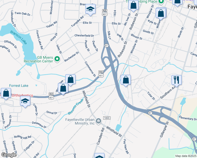 map of restaurants, bars, coffee shops, grocery stores, and more near 709 Robeson Street in Fayetteville