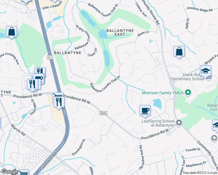 map of restaurants, bars, coffee shops, grocery stores, and more near 15512 Ballantyne Country Club Dr in Charlotte