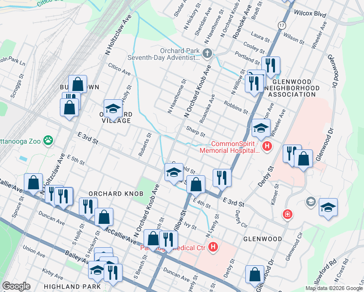 map of restaurants, bars, coffee shops, grocery stores, and more near 1905 Cleveland Avenue in Chattanooga