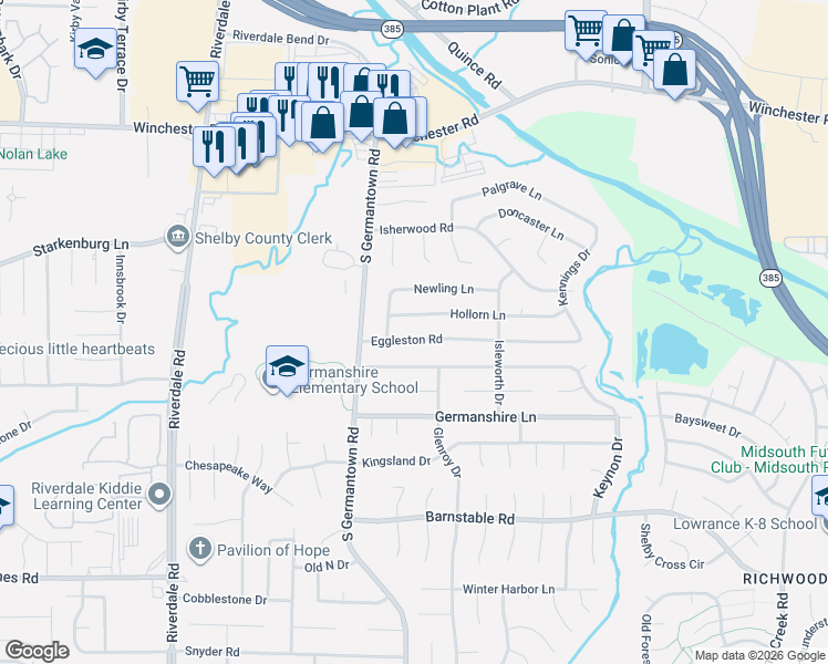 map of restaurants, bars, coffee shops, grocery stores, and more near 7261 Hollorn Lane in Memphis