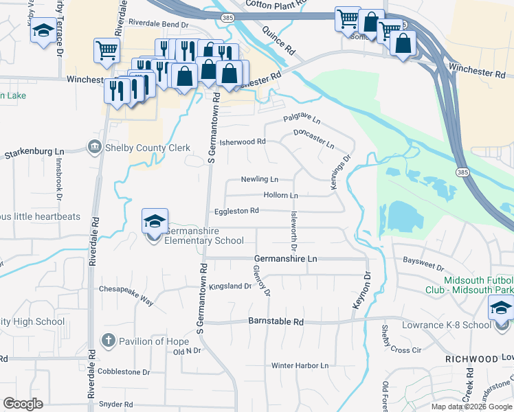 map of restaurants, bars, coffee shops, grocery stores, and more near 7280 Eggleston Road in Memphis