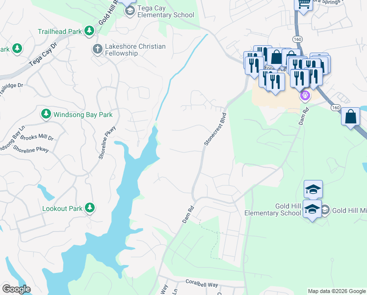 map of restaurants, bars, coffee shops, grocery stores, and more near 522 Placid Court in Tega Cay