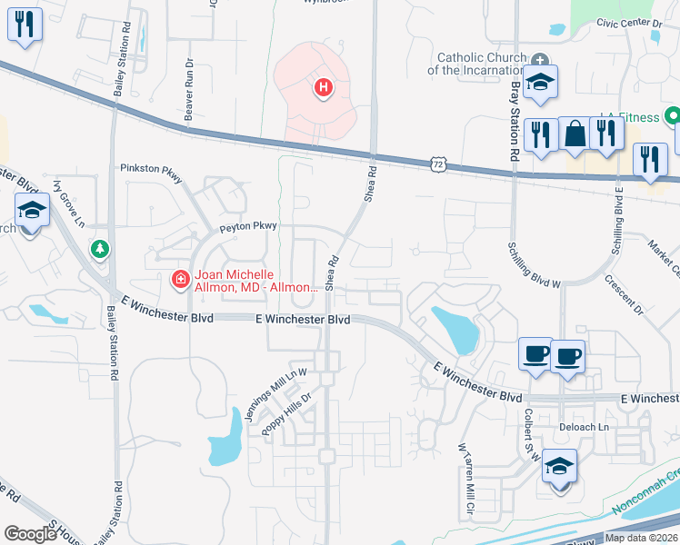 map of restaurants, bars, coffee shops, grocery stores, and more near 1446 Calumet Farms Drive in Collierville