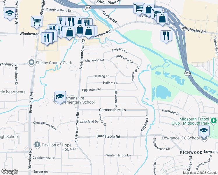 map of restaurants, bars, coffee shops, grocery stores, and more near 7316 Eggleston Road in Memphis