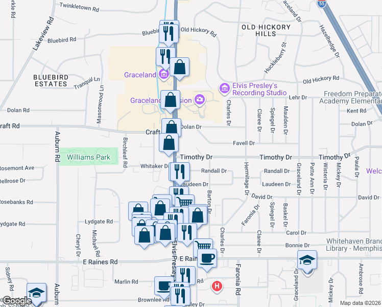 map of restaurants, bars, coffee shops, grocery stores, and more near 1204 Timothy Drive in Memphis