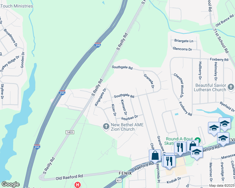 map of restaurants, bars, coffee shops, grocery stores, and more near 7313 Southgate Road in Fayetteville