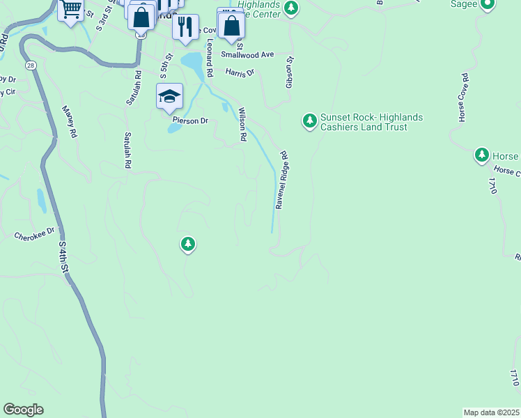 map of restaurants, bars, coffee shops, grocery stores, and more near 280 Satulah Ridge Road in Highlands