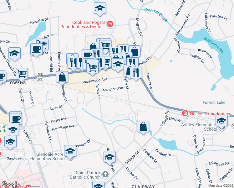 map of restaurants, bars, coffee shops, grocery stores, and more near 2715 Arlington Avenue in Fayetteville