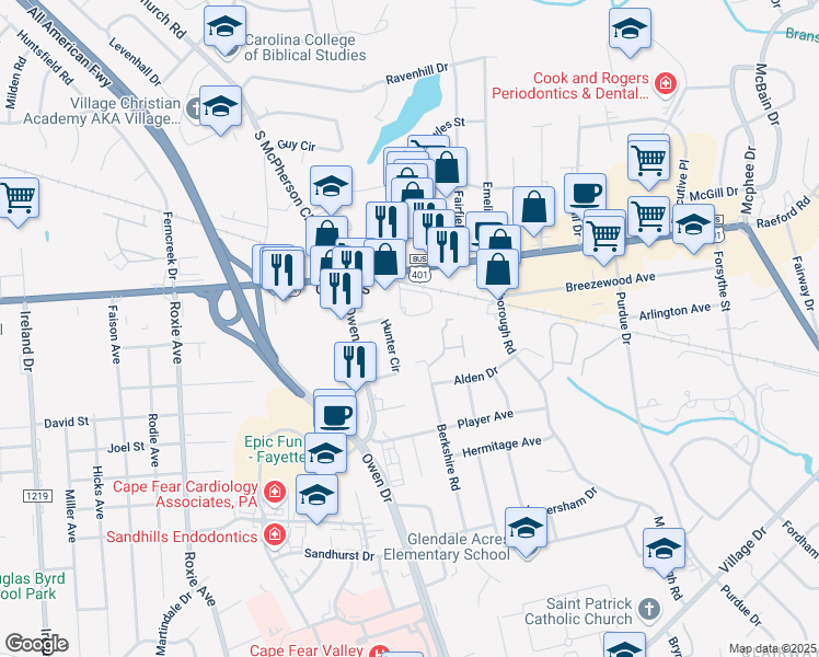 map of restaurants, bars, coffee shops, grocery stores, and more near 113 Hunter Circle in Fayetteville