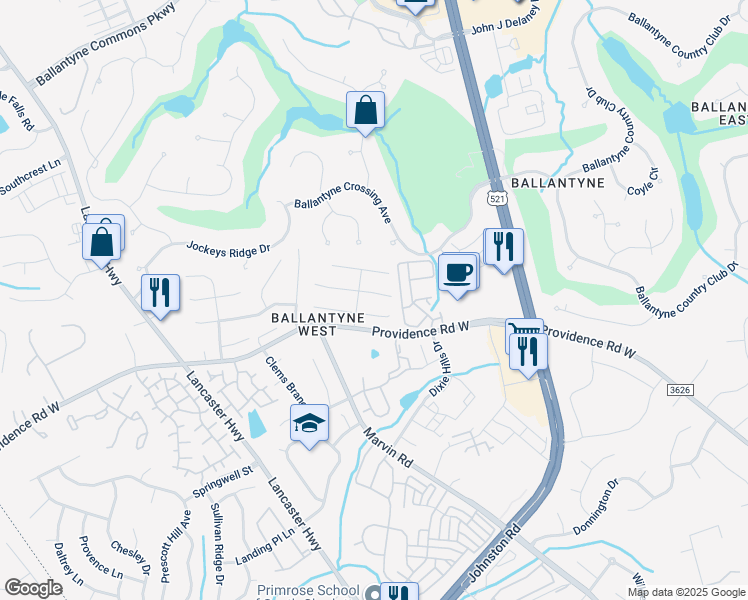 map of restaurants, bars, coffee shops, grocery stores, and more near 11425 Innes Court in Charlotte