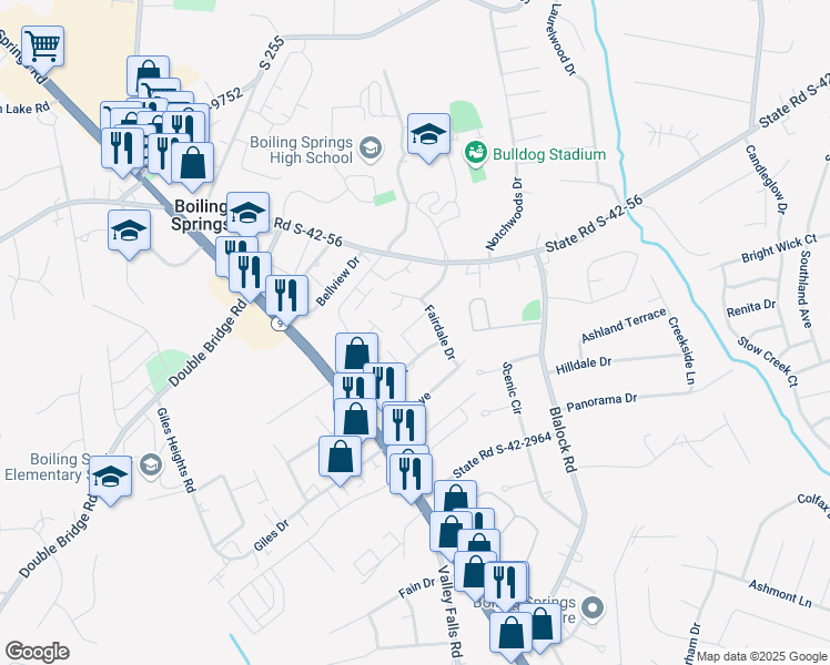 map of restaurants, bars, coffee shops, grocery stores, and more near 105 Chris Lane in Boiling Springs