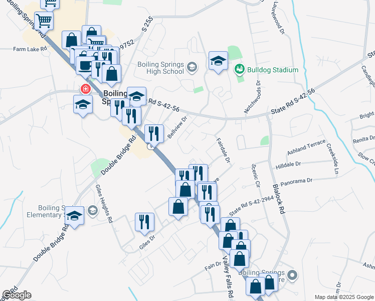 map of restaurants, bars, coffee shops, grocery stores, and more near 235 Outlook Drive in Boiling Springs