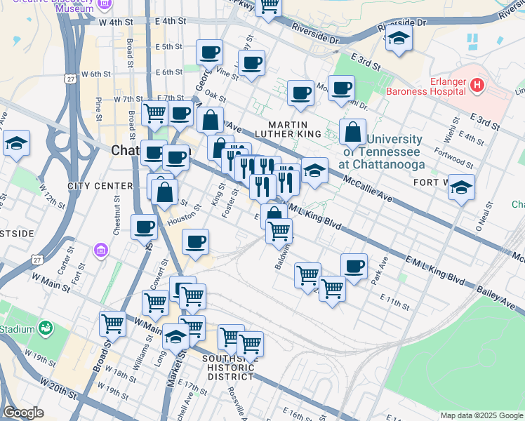 map of restaurants, bars, coffee shops, grocery stores, and more near 915 University Street in Chattanooga