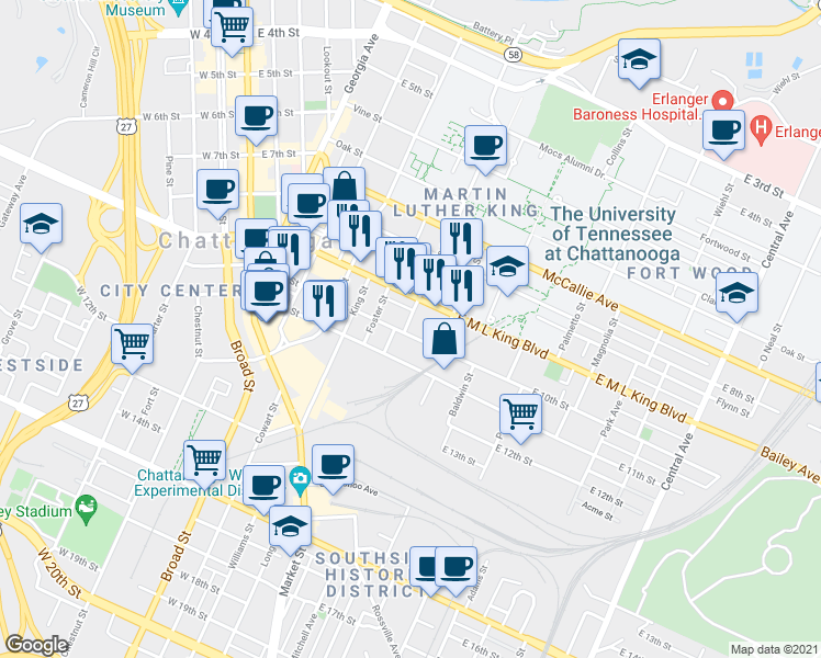 map of restaurants, bars, coffee shops, grocery stores, and more near 351 East 10th Street in Chattanooga