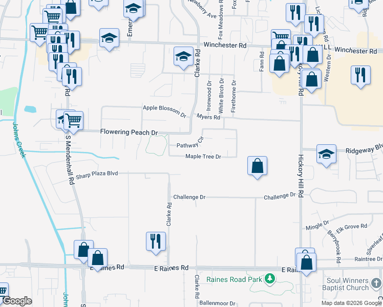 map of restaurants, bars, coffee shops, grocery stores, and more near 5629 Pathway Circle in Memphis