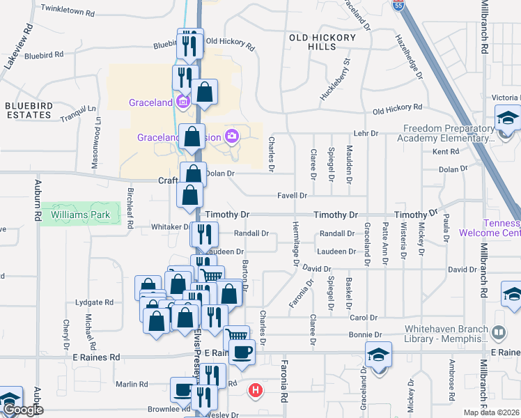 map of restaurants, bars, coffee shops, grocery stores, and more near 1287 Favell Drive in Memphis