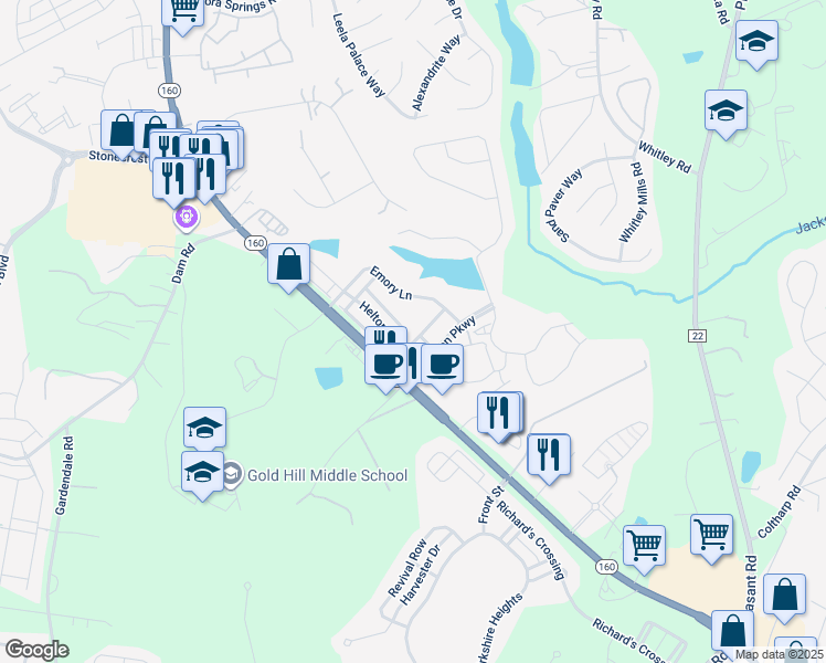 map of restaurants, bars, coffee shops, grocery stores, and more near 295 Helton Lane in Fort Mill