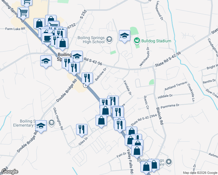 map of restaurants, bars, coffee shops, grocery stores, and more near 235 Outlook Drive in Boiling Springs