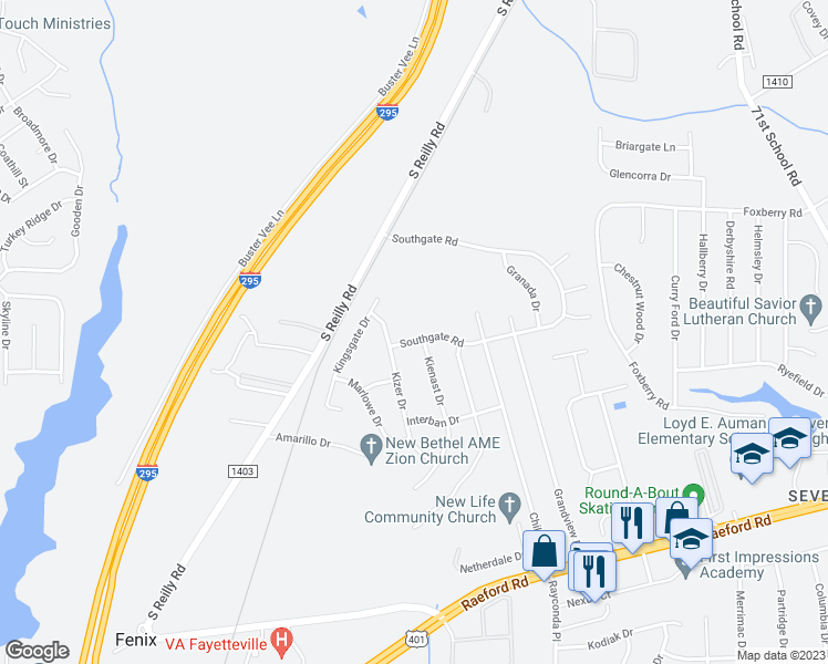 map of restaurants, bars, coffee shops, grocery stores, and more near 7313 Southgate Road in Fayetteville