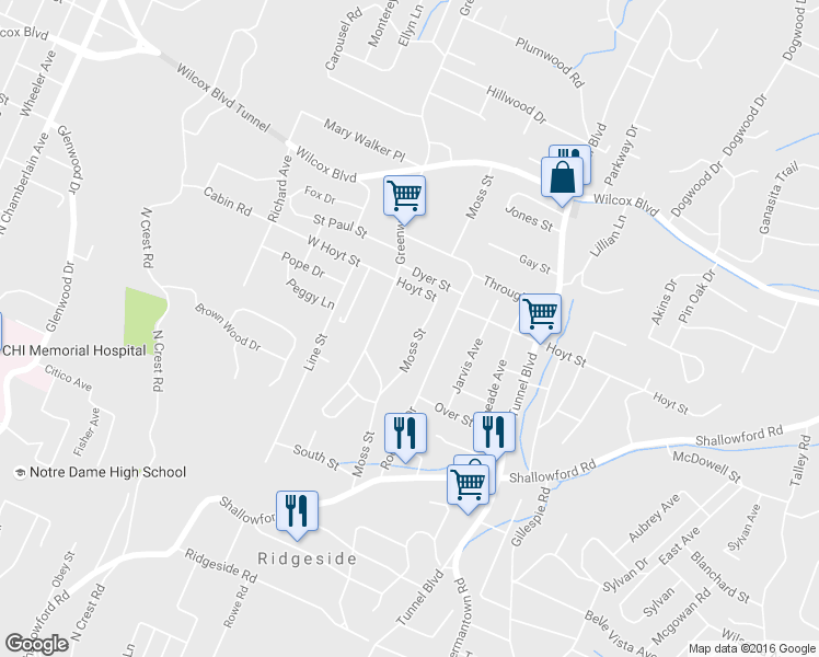 map of restaurants, bars, coffee shops, grocery stores, and more near 1111 Moss Street in Chattanooga