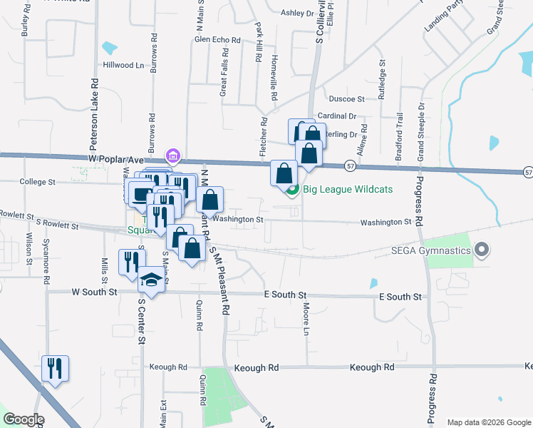 map of restaurants, bars, coffee shops, grocery stores, and more near 316 Washington Street in Collierville