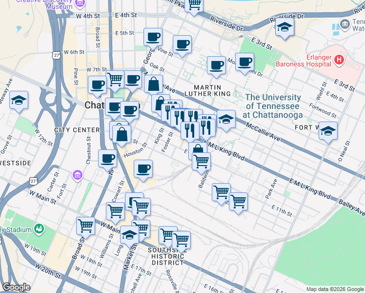 map of restaurants, bars, coffee shops, grocery stores, and more near 351 East 10th Street in Chattanooga