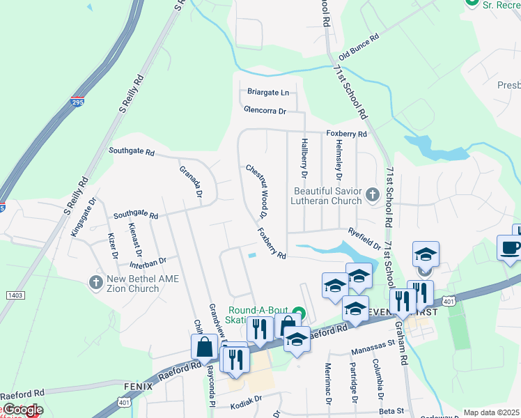 map of restaurants, bars, coffee shops, grocery stores, and more near 1148 Chestnut Wood Dr in Fayetteville