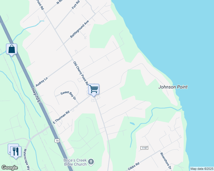 map of restaurants, bars, coffee shops, grocery stores, and more near 310 Johnson Point Road in New Bern