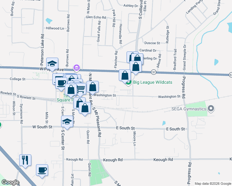 map of restaurants, bars, coffee shops, grocery stores, and more near 316 Washington Street in Collierville