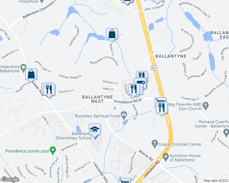 map of restaurants, bars, coffee shops, grocery stores, and more near 11425 Innes Court in Charlotte