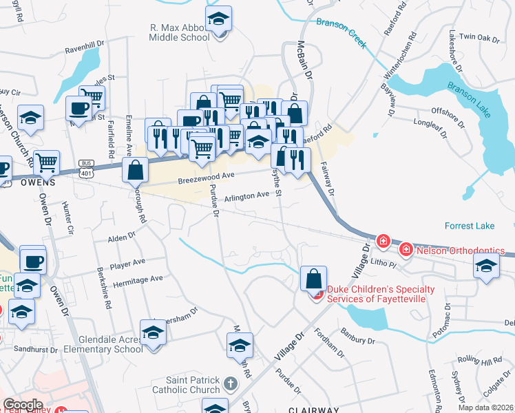 map of restaurants, bars, coffee shops, grocery stores, and more near 2715 Arlington Avenue in Fayetteville