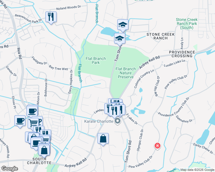 map of restaurants, bars, coffee shops, grocery stores, and more near 6604 Haddonfield Place in Charlotte