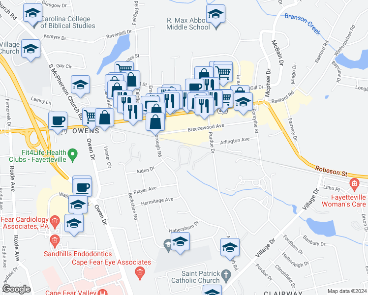 map of restaurants, bars, coffee shops, grocery stores, and more near 2709 Preston Woods Lane in Fayetteville