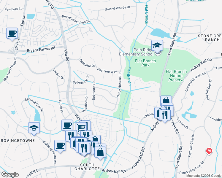 map of restaurants, bars, coffee shops, grocery stores, and more near 8611 Robinson Meadow Court in Charlotte