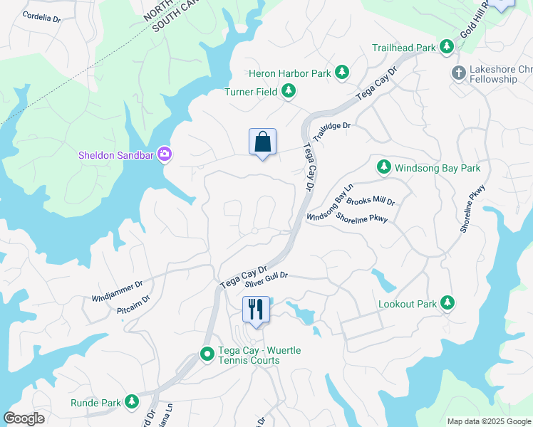 map of restaurants, bars, coffee shops, grocery stores, and more near 923 Knob Creek Lane in Tega Cay