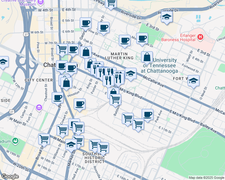 map of restaurants, bars, coffee shops, grocery stores, and more near 915 University Street in Chattanooga