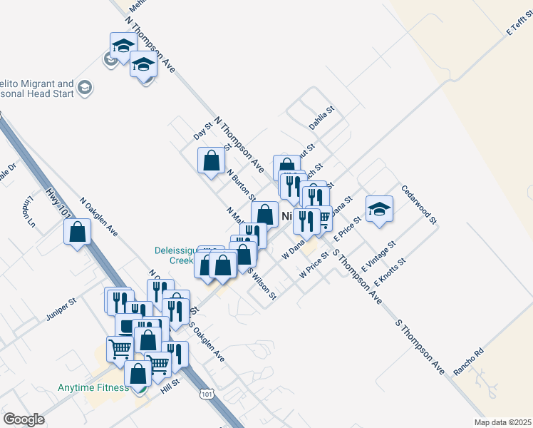 map of restaurants, bars, coffee shops, grocery stores, and more near West Branch Street in Nipomo