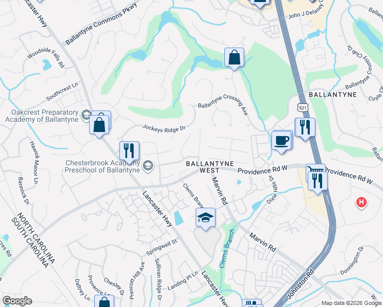 map of restaurants, bars, coffee shops, grocery stores, and more near 11712 Hawick Valley Lane in Charlotte