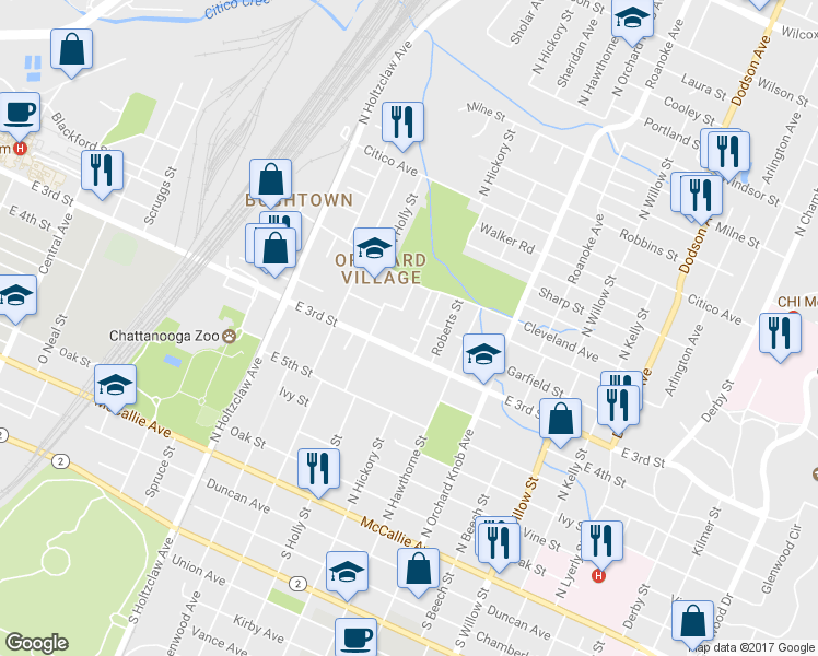 map of restaurants, bars, coffee shops, grocery stores, and more near 1623 Hickory Place in Chattanooga